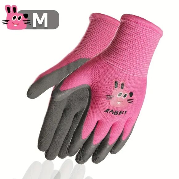 ⭐ Girls Pink Durable Garden Gloves Water Resistnt Stretch Rabbit Bunny New  Med - Picture 1 of 3